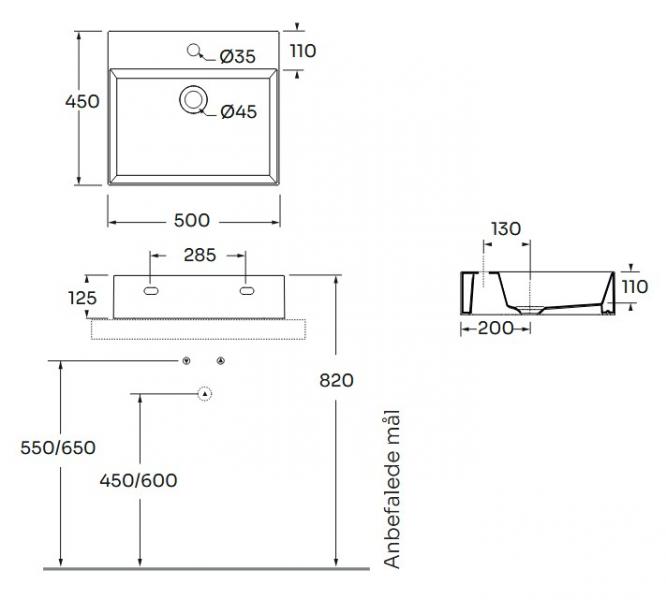 Lavabo Elegance SQ 50 h&aring;ndvask t/v&aelig;g eller m&oslash;bel - Uden overl&oslash;b