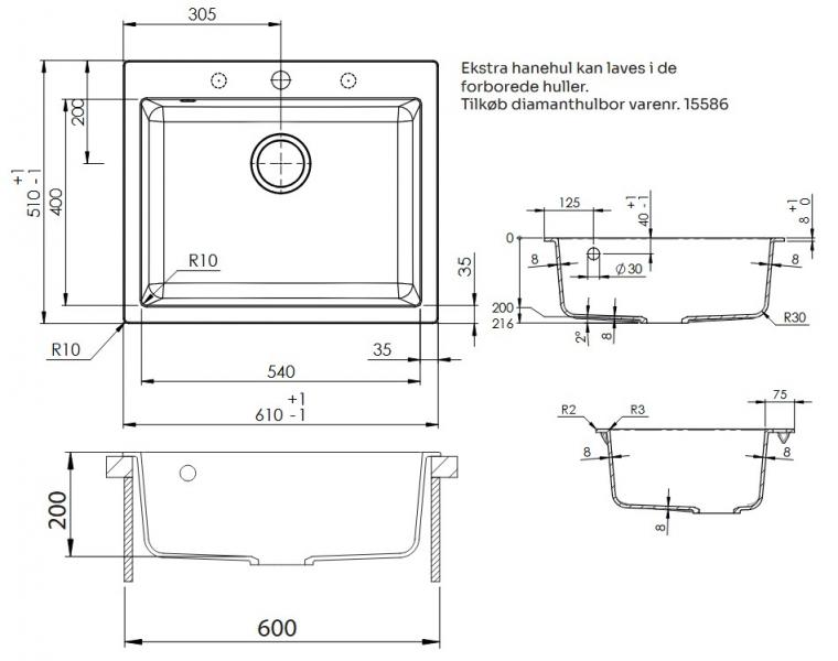 Lavabo Studio 60 k&oslash;kkenvask i komposit - Sort/krom