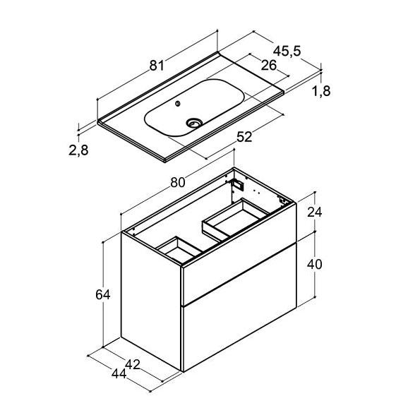 Dansani Luna 81 m&oslash;bels&aelig;t m/Kantate vask, h&oslash;j skuffe og indretning - Hvid mat